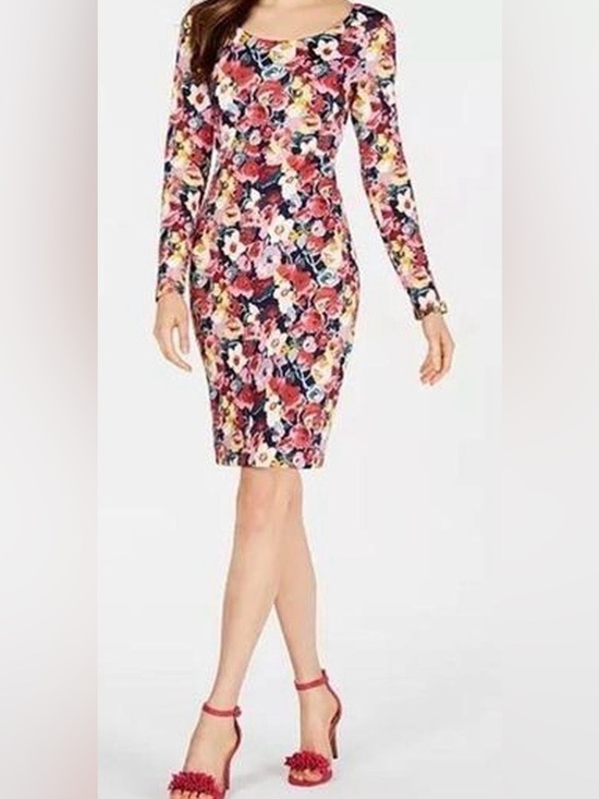 Betsey Johnson Dresses & Skirts - Betsey Johnson Floral Bodycon Sheath Dress Long Sleeve Cocktail Midi Size 14